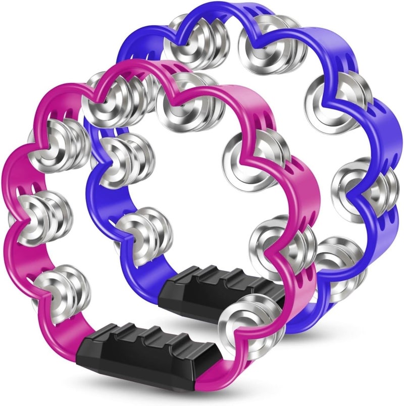 Flexzion Flower Tambourine - 8 Inch Handheld Percussion Instrument w/Metal Jingles & Ergonomic Grip - Small Tambourines for Adults, Kids, Church, Parties, & Musical Events (2 Pack - Blue & Pink) - Image 1